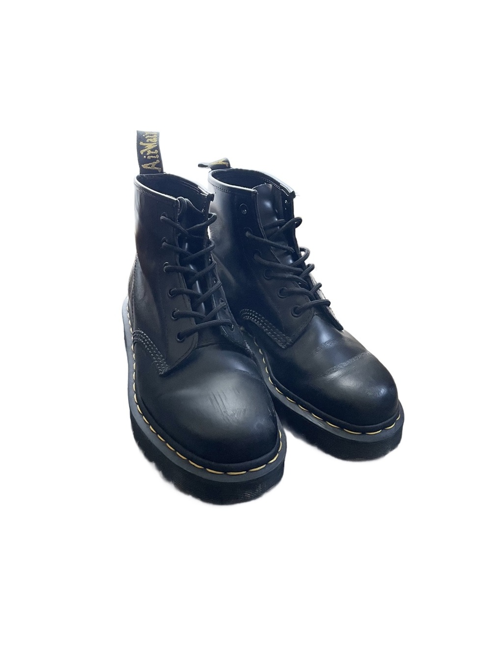 Dr. Martens Black Leather Combat Boots with Yellow Stitching